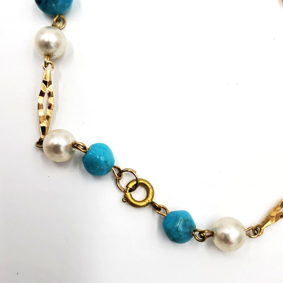 Statement Long 53" Necklace Faux Turquoise Stone Strand Beaded Gold Tone eBay