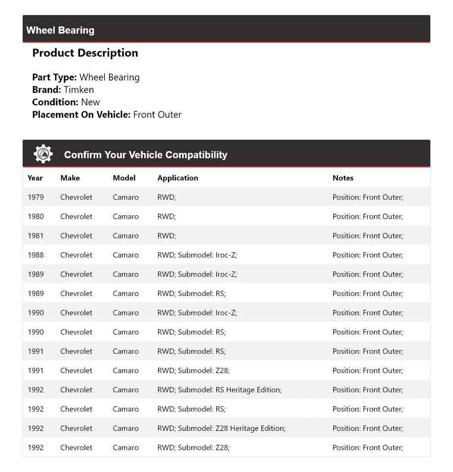 Cojinete de rueda delantero exterior Timken para Chevrolet Camaro 1979-1981, 1988-1992 tracción trasera Foto 2 de 4