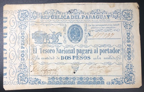PARAGUAY P-22 2 Pesos 1865 Nice Vintage Banknote - Picture 3 of 4
