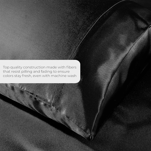 Full Size Black Satin Bed Sheet Set Super Soft 1800 Microfiber Wrinkle Fade - Picture 3 of 6