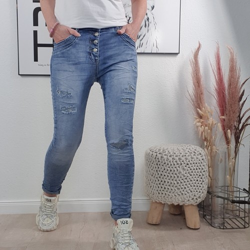Jewelly Damen Boyfriend Stretch Jeans|Destroyed Denim Hose mit Strass | 5 Pocket