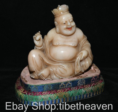 Estatua de Buda Maitreya Feliz Feng Shui Tallada en Piedra Shoushan China Antigua 5.6" - Imagen 5 de 11