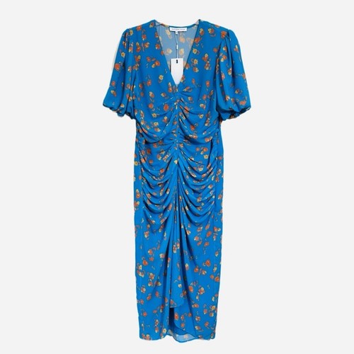 Endless Rose NWT Blue Ruched Floral Dress V-Neck Puff Sleeves Size XL - Picture 3 of 9
