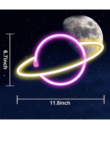 Planet Saturn Pink/Yellow Hanging Neon Light Decor USB /Battery - Picture 3 of 7
