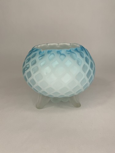 BLUE SATIN GLASS QUILTED DIAMOND ROSE BOWL Footed Floral Base Mt Washington