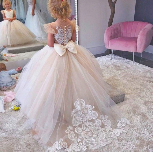 White Ivory Flower Girl Dresses V Neck Bridesmaid with Bow Lace Appqulies Tulle - Picture 80 of 119