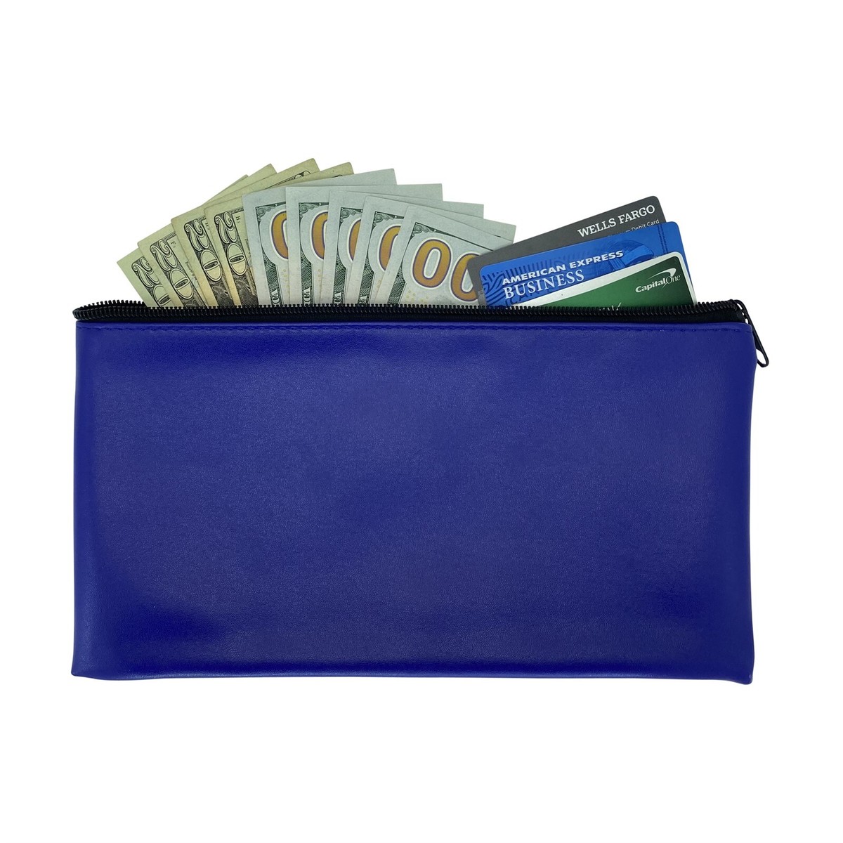 Blue Zippered Vinyl Bank Deposit Money Bag Cash Coins Organizer
