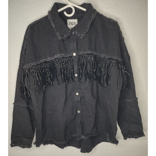 Zara Denim Jacket Shacket Women's Large Rhinestone Fringe Western Festival Black