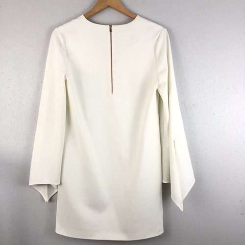 Tibi Shift Mini Dress Size 6 White Crepe Long Bell Sleeves V Neck - Picture 4 of 7