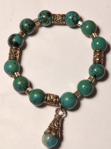 Vtg. Coin Silver Byzantine Turquoise Beads and Larimar Cabochon Charm Bracelet  - Picture 5 of 7