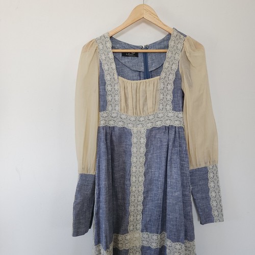 Abito vintage anni 70 Gunne Sax by Jessica blu trasparente manica lunga pizzo maniche bohemien - Foto 5 di 17
