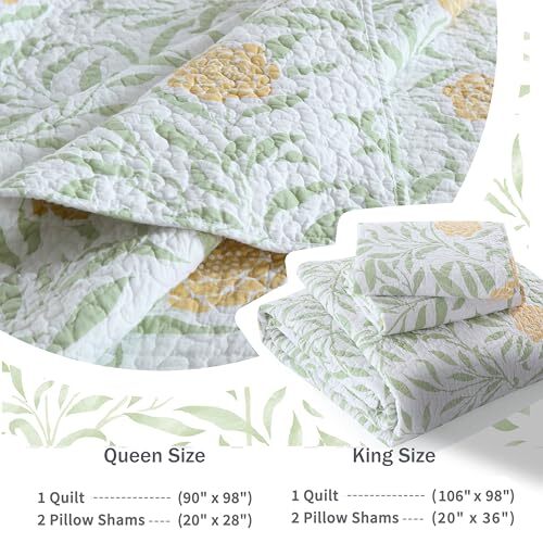 Queen Comforter Set for Bed Floral Quilt Queen (90"x98") 04yellow/Green