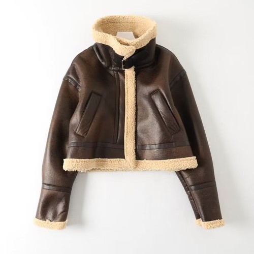 Women Faux Shearing Moto Jacket Thick Lined Parka Winter Coat Leather Jacket - Picture 14 of 31