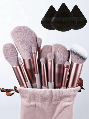 13pcs Makeup Brush Set + 3pcs Portable Black Triangle Makeup Sponges Beauty Tool