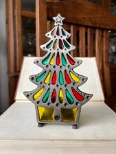 VTG Tiffany Style Glo Candle Christmas Tree Stain Glass Iron Tealight Holder 7”