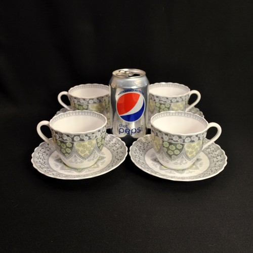 Spode 4 Cups Saucers Fluted Spode's Primrose Y7475 Gray Yellow Green Floral 1954 - Picture 2 of 12