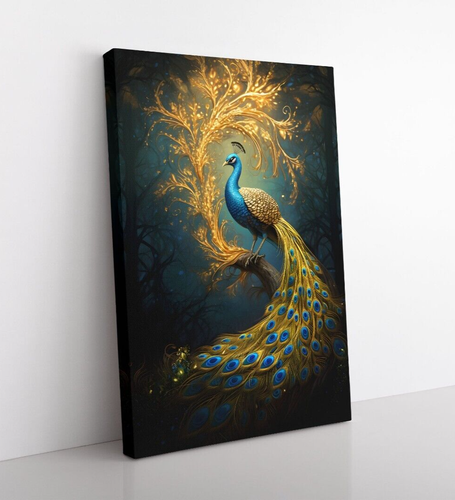Mágico Oro Azul Pavo Lona Arte de Pared Impresión Espiritual Animal Decoración Pájaros - Imagen 2 de 12