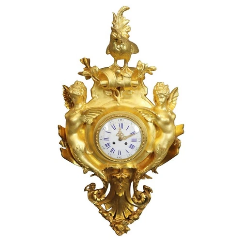 Incredible Carved Wood and Gesso Gilded Winged Angels and Rooster Cartel Clock