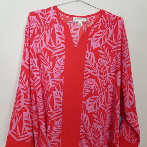 Coolibar Calvada Cover-Up Dress  UPF 50+  L  Long Sleeve Belted Red Floral Beach - Picture 3 of 8