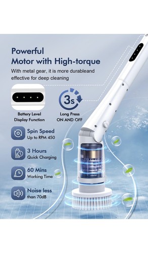 Vicmayun Scrubber Elettrico Spin, Spazzola Pulizia Doccia Senza Fili con Bianco-1 - Foto 4 di 7