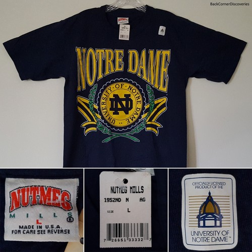 Neu mit Etikett neu aus altem Lagerbestand Vintage 1990er University of Notre Dame blau L Muskatmühlen USA T-Shirt - Bild 1 von 15
