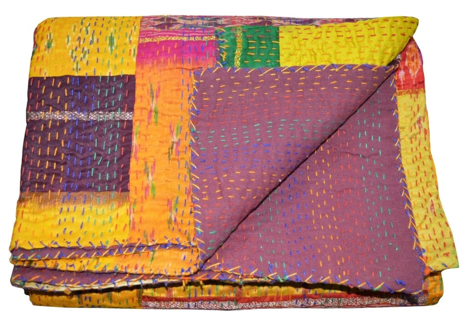 Colcha reversible Indian Kantha Twin Edredón Hecho a mano Retazos Manta Tiro Foto 4 de 4
