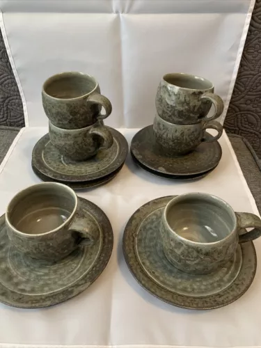  Pottery Cup & Saucer set of 6 Gray Chinese Marked