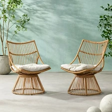 Apulia Outdoor Wicker High Back Lounge Chairs with Cushion, Set of 2, Light Brow