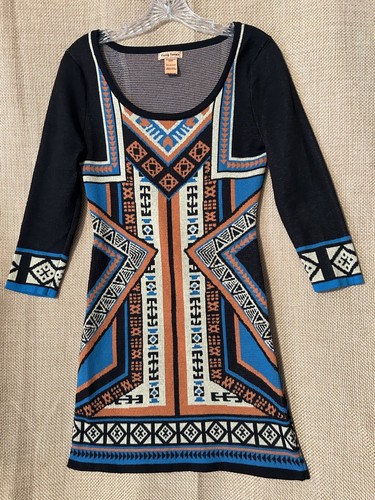 Anthropologie Flying Tomato Sz. M Aztec Sweater Dress Black Blue Orange - Picture 5 of 7