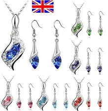UK Stock Fast Ship Stunning Crystal Pendant Necklace + Earrings Dangle Set 618