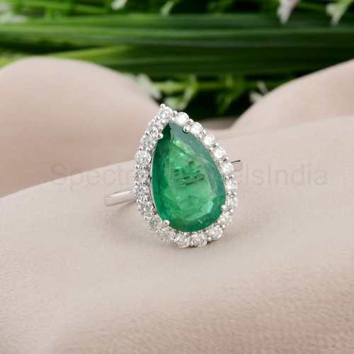 4.37 TCW Zambian Emerald Pear Halo Ring H/SI Diamond 18k White Gold Jewelry Gift - Picture 1 of 9