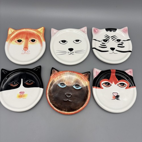 Vintage Kitty Cat Coasters 2001 Bandwagon Hand Painted Ceramic Set Of 6