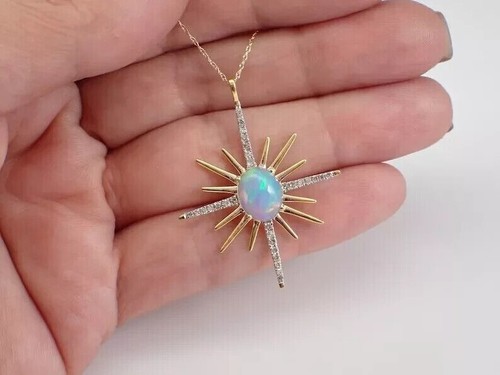 2Ct Oval Cut Simulated Fire Opal Starburst Lovely Pendant 14k Yellow Gold Plated - Picture 3 of 10