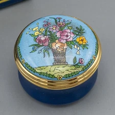Halcyon Days Enamels Trinket Box Flower Bouquet Roses in Vase Blue Screw Top