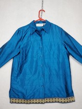 Tunic Blouse Embroidered Trim Silk Lore Beth Terrell Turquoise Blue Tank Size M