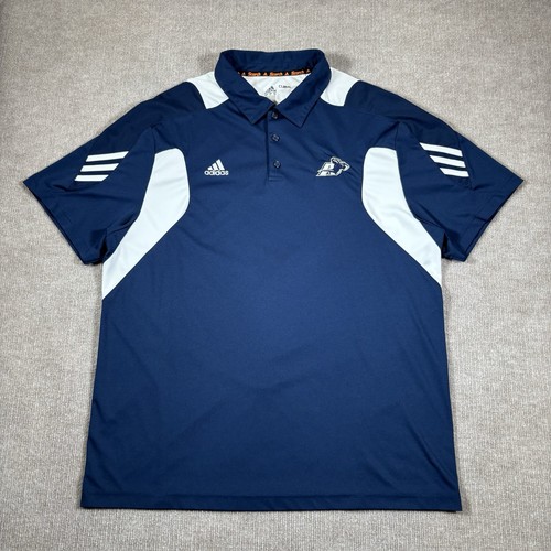 Adidas Akron Zips Polo Shirt Mens XL Blue Striped Scorch Climalite Logo Golf - Picture 2 of 7