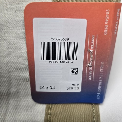 Pantalone Levis Uomo 34x34 502 Taper Khaki Pants Tan Tutte le Stagioni Elasticizzato Nuovo con etichette - Foto 8 di 14