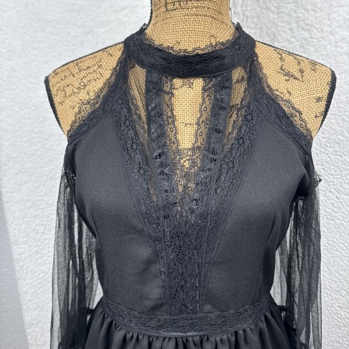 Women's Black Cold Shoulder Midi Dress Lace Mesh Sheer LG Whimsigoth Witchy READ - Picture 2 of 24