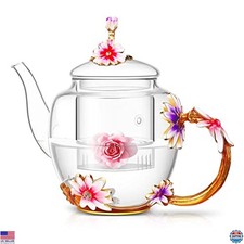 Luka Tech 35OZ Enamel Glass Flower Teapot with Loose Tea Infuser – Great Gift!