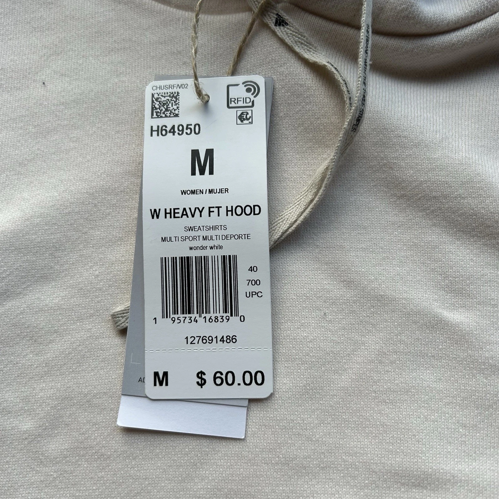 OFF WHITE Felpa con cappuccio Adidas Cream donna media pesante abbigliamento sportivo nuova con etichetta