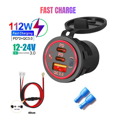 12-24V USB C 3 Port Fast Car Charger PD & QC3.0 Outlet Socket for Boat RV Marine