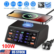 100W 8 Port Multi USB-C PD QC3.0 Fast Charger Phone Wireless Charging Station