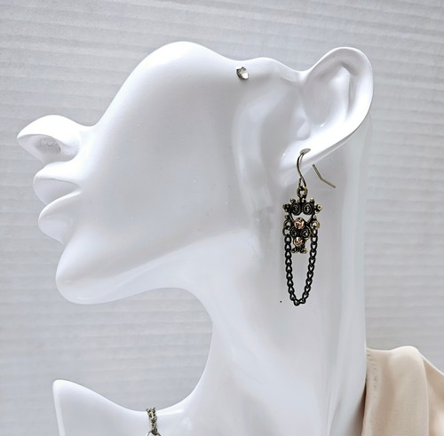 Handmade Antique Gold Chain Dangle Boho Earrings with Peach Crystals - Picture 2 of 11