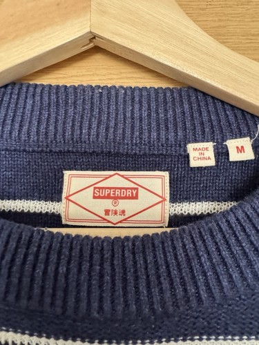 Superdry Men's Jumper M Blue Striped 100% Cotton Round Neck Pullover - Picture 2 of 6