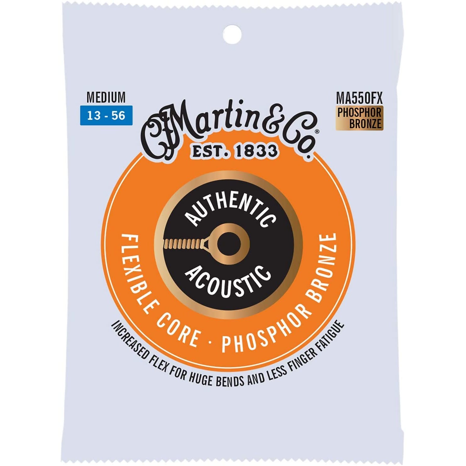 Струны Martin MA540FX Authentic с гибкой сердцевиной из люминофорной бронзы A/G, 13-56