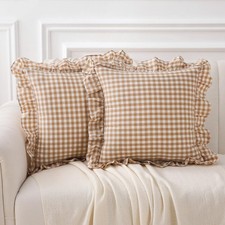 2 Pack Taupe White Plaid Ruffle Gingham Throw Pillow Covers, 100 Washed Cott...