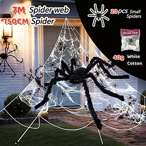 Halloween 150cm Plüsch Riesen Spinne mit 7m Spinnennetz & 20x kleine Spinne Deko