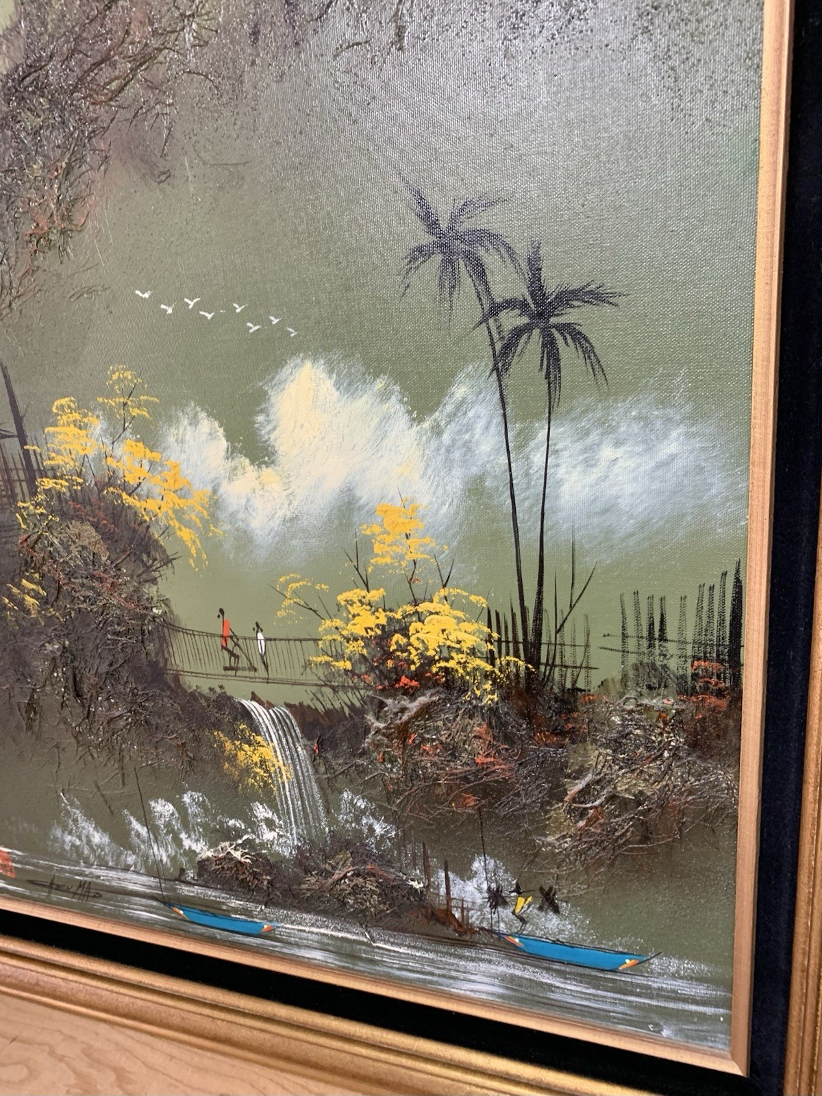 Original Chen Mao Signed Oil Horsehair Painting 20x24 Waterfall Temple Pagoda