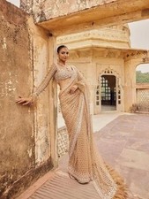 Women Net Saree Pink Sequins with Heavy Embroidered Party Wear With Blouse