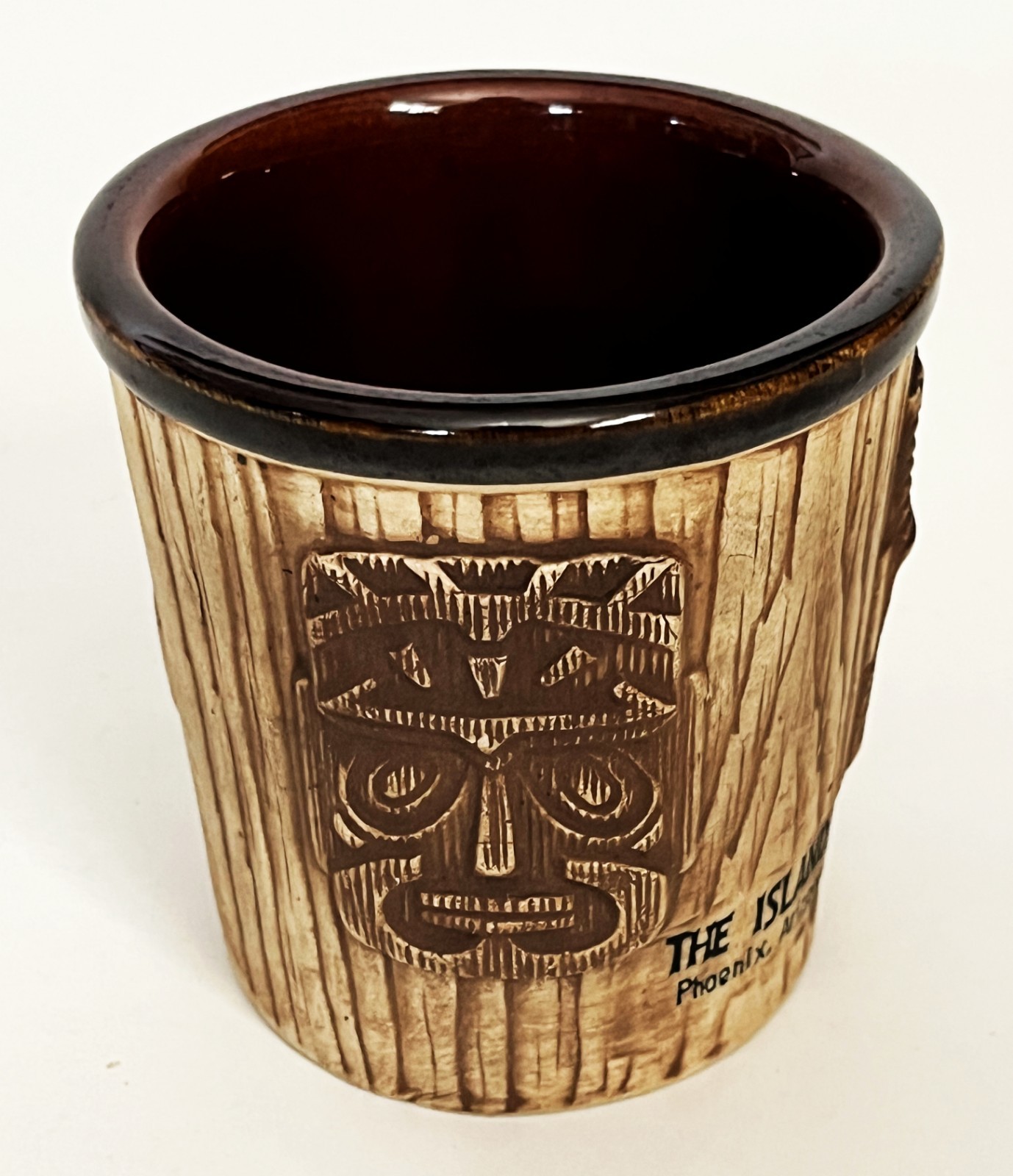 VTG 3 FACES BROWN TIKI MASK PLANTER BUCKET MUG CUP ISLANDS PHOENIX AZ OMC JAPAN